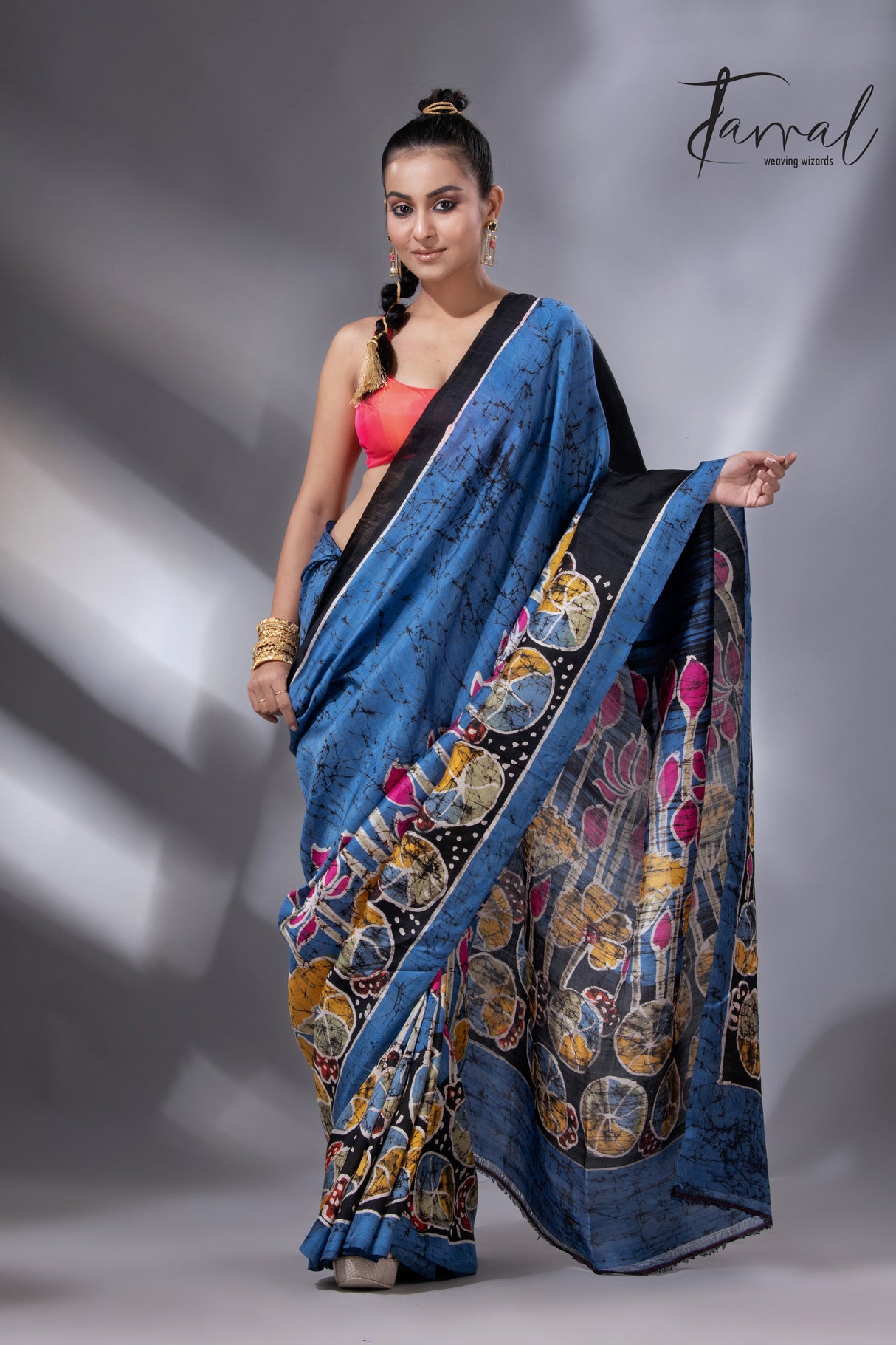 Blue with multi colour lotus hand batik silk saree