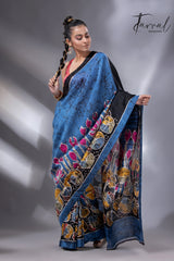 Blue with multi colour lotus hand batik silk saree