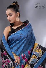 Blue with multi colour lotus hand batik silk saree