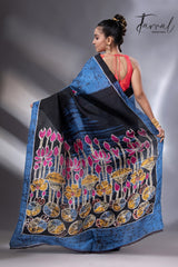 Blue with multi colour lotus hand batik silk saree