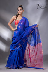 Blue with rani pallu golden lotus matka silk handwoven jamdani saree