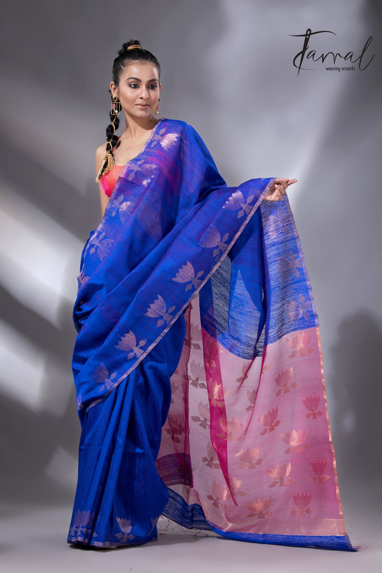 Blue with rani pallu golden lotus matka silk handwoven jamdani saree