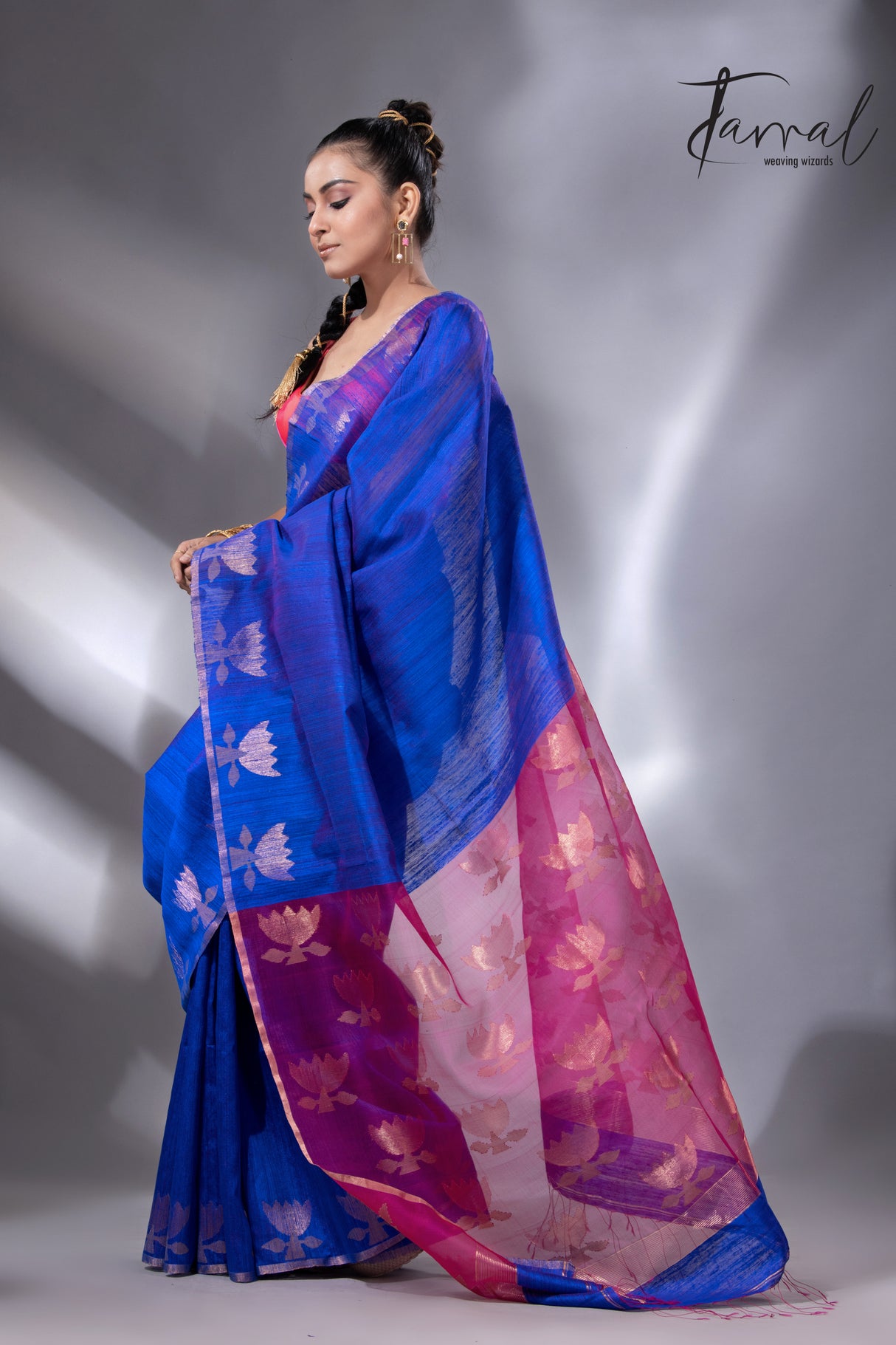 Blue with rani pallu golden lotus matka silk handwoven jamdani saree