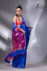 Blue with rani pallu golden lotus matka silk handwoven jamdani saree