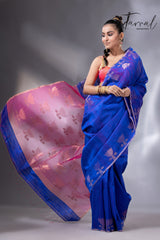 Blue with rani pallu golden lotus matka silk handwoven jamdani saree