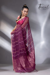 Strawberry mist half silk half linen handwoven jamdani saree