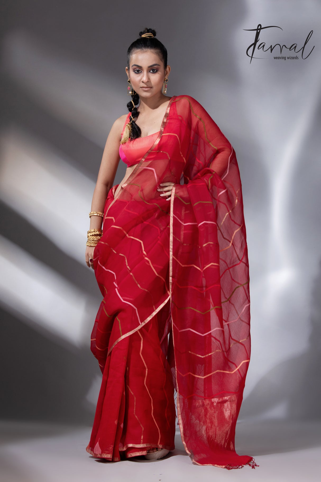 Red with zari border half silk with half linen temple border handwoven jamdani saree