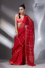 Red with zari border half silk with half linen temple border handwoven jamdani saree