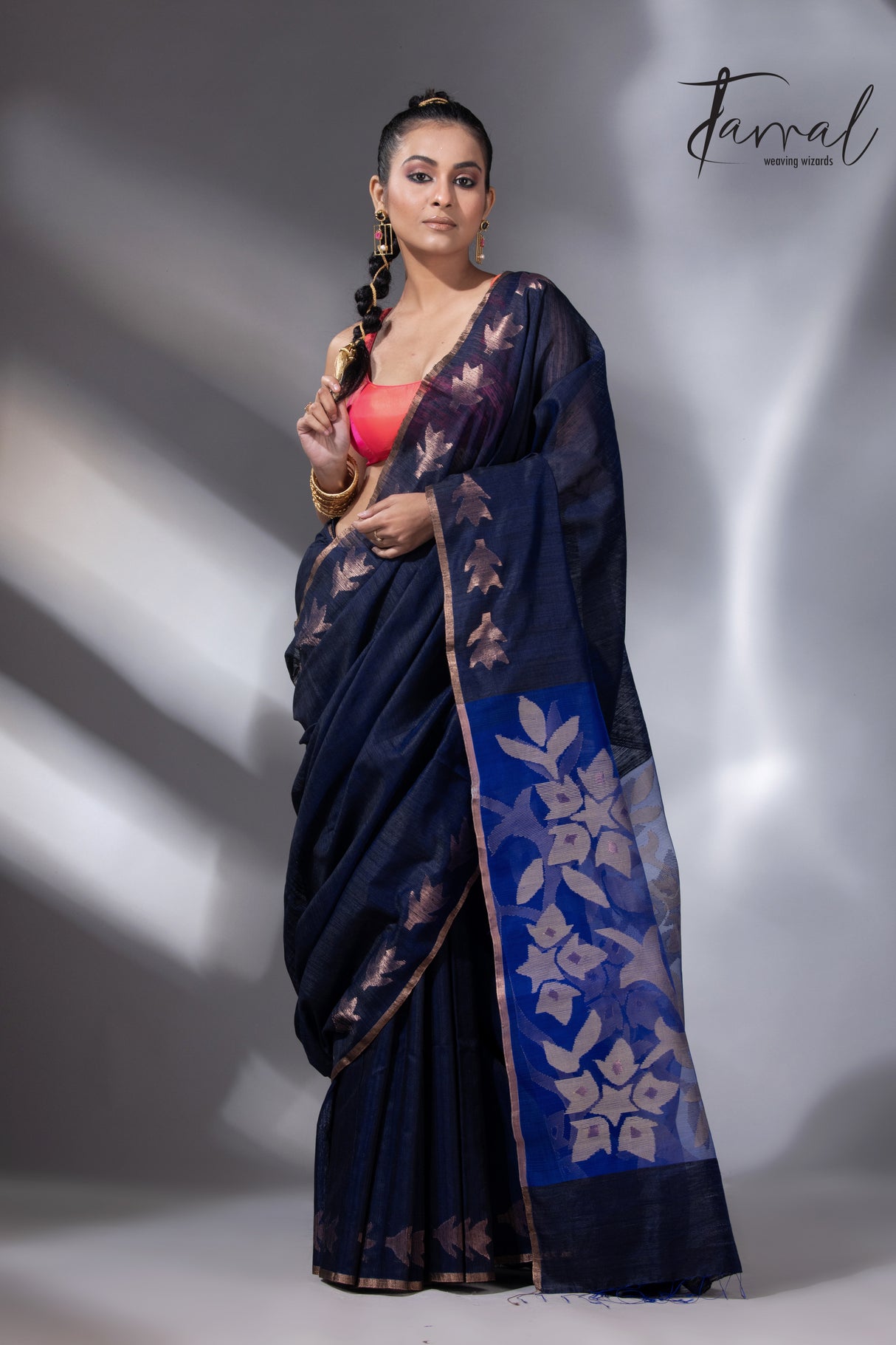 Midnight blue with royal blue gold zari border matka silk handwoven jamdani saree