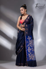 Midnight blue with royal blue gold zari border matka silk handwoven jamdani saree