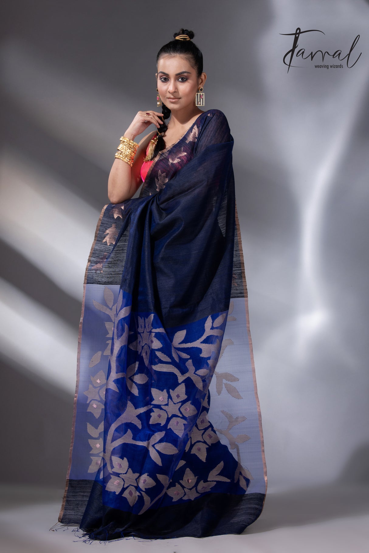 Midnight blue with royal blue gold zari border matka silk handwoven jamdani saree