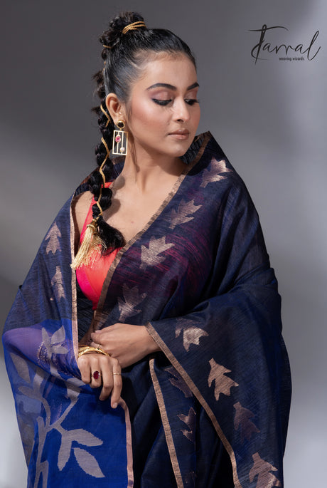 Midnight blue with royal blue gold zari border matka silk handwoven jamdani saree