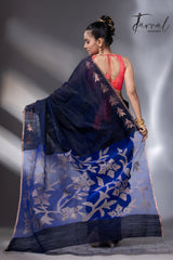 Midnight blue with royal blue gold zari border matka silk handwoven jamdani saree