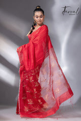 Red with silver zari border golden lotus matka silk handwoven jamdani saree