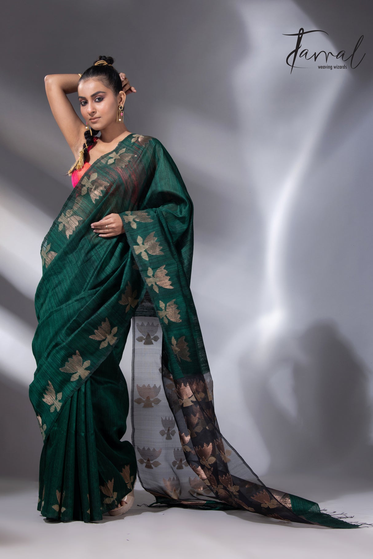 Peacock green with gold lotus handwoven matka silk jamdani saree