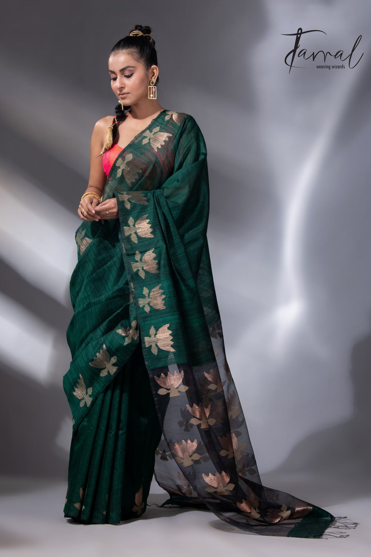 Peacock green with gold lotus handwoven matka silk jamdani saree