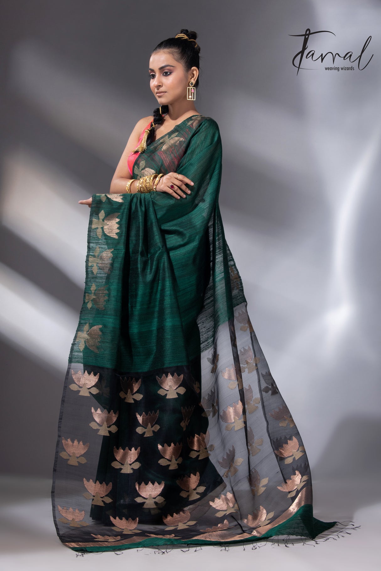 Peacock green with gold lotus handwoven matka silk jamdani saree