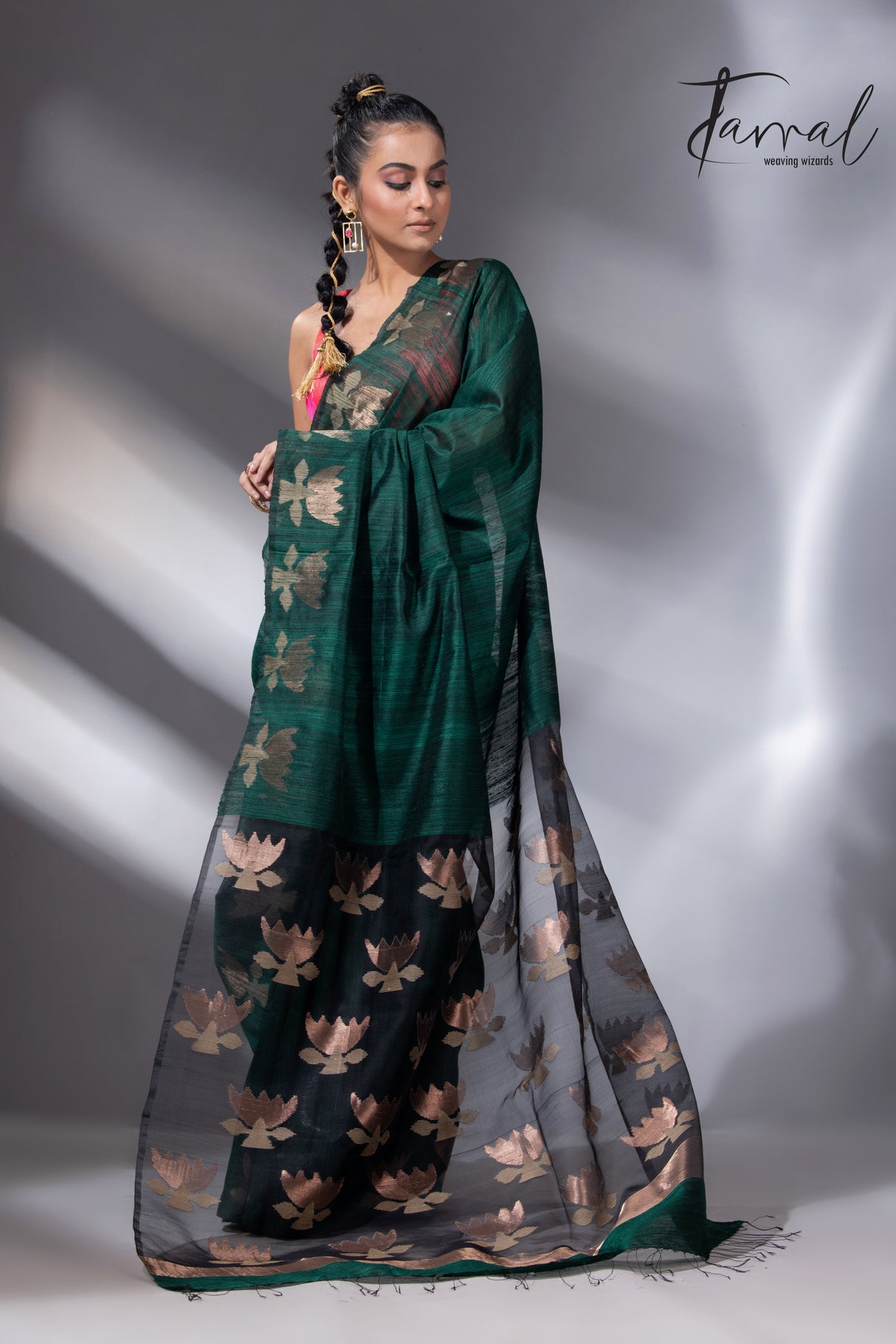 Peacock green with gold lotus handwoven matka silk jamdani saree