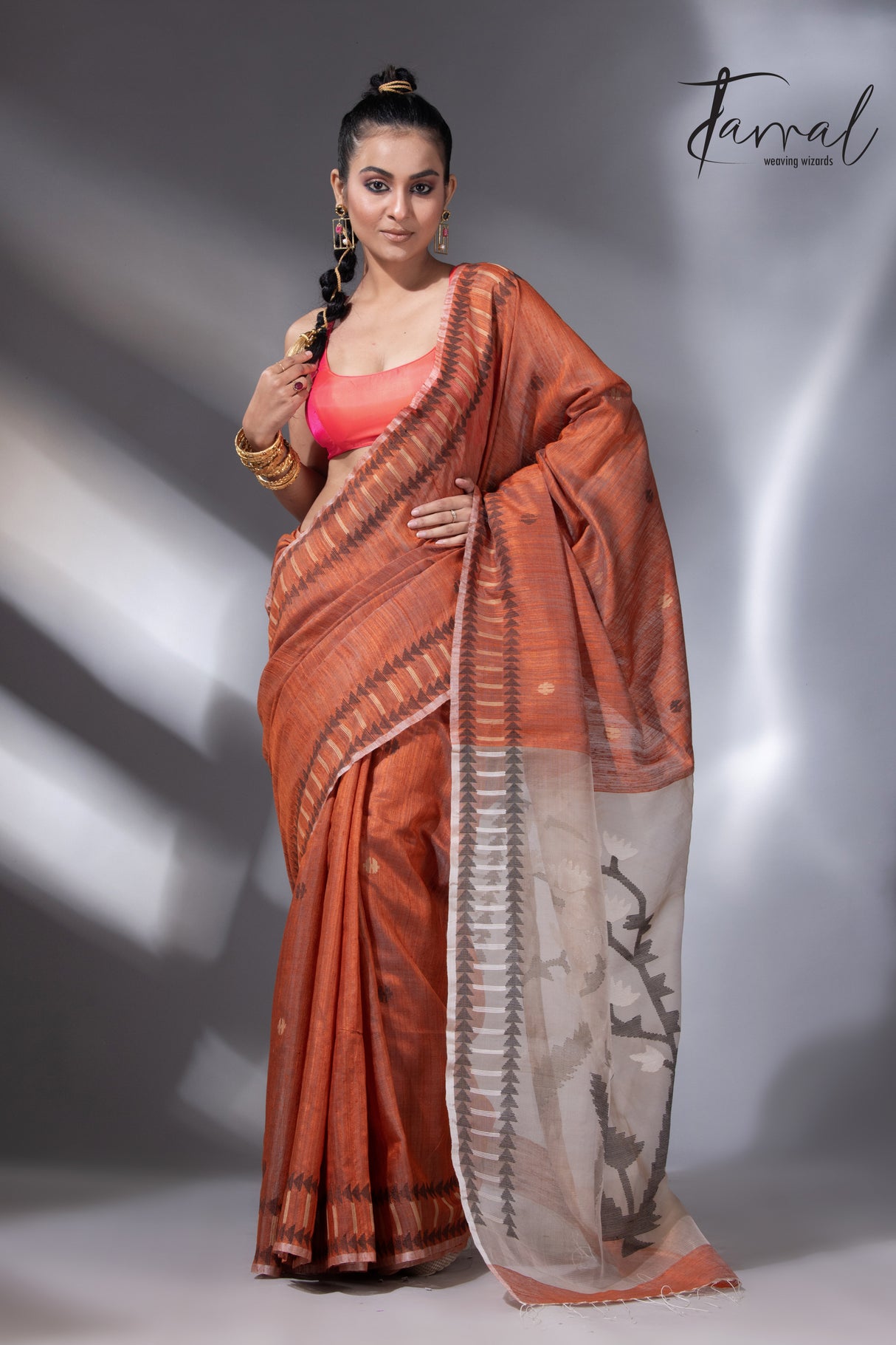 Deep orange with White & black colour kalka motifs matka silk handwoven jamdani saree