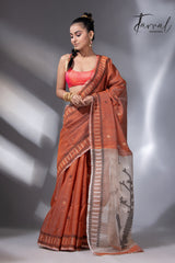 Deep orange with White & black colour kalka motifs matka silk handwoven jamdani saree