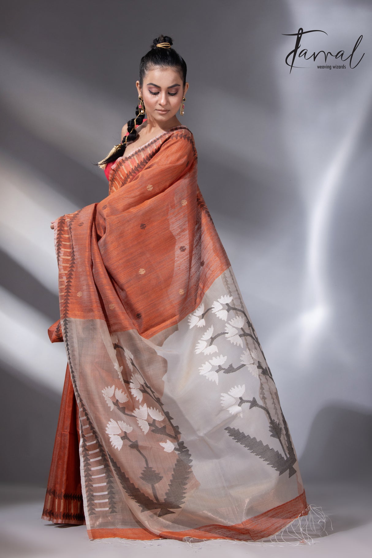 Deep orange with White & black colour kalka motifs matka silk handwoven jamdani saree