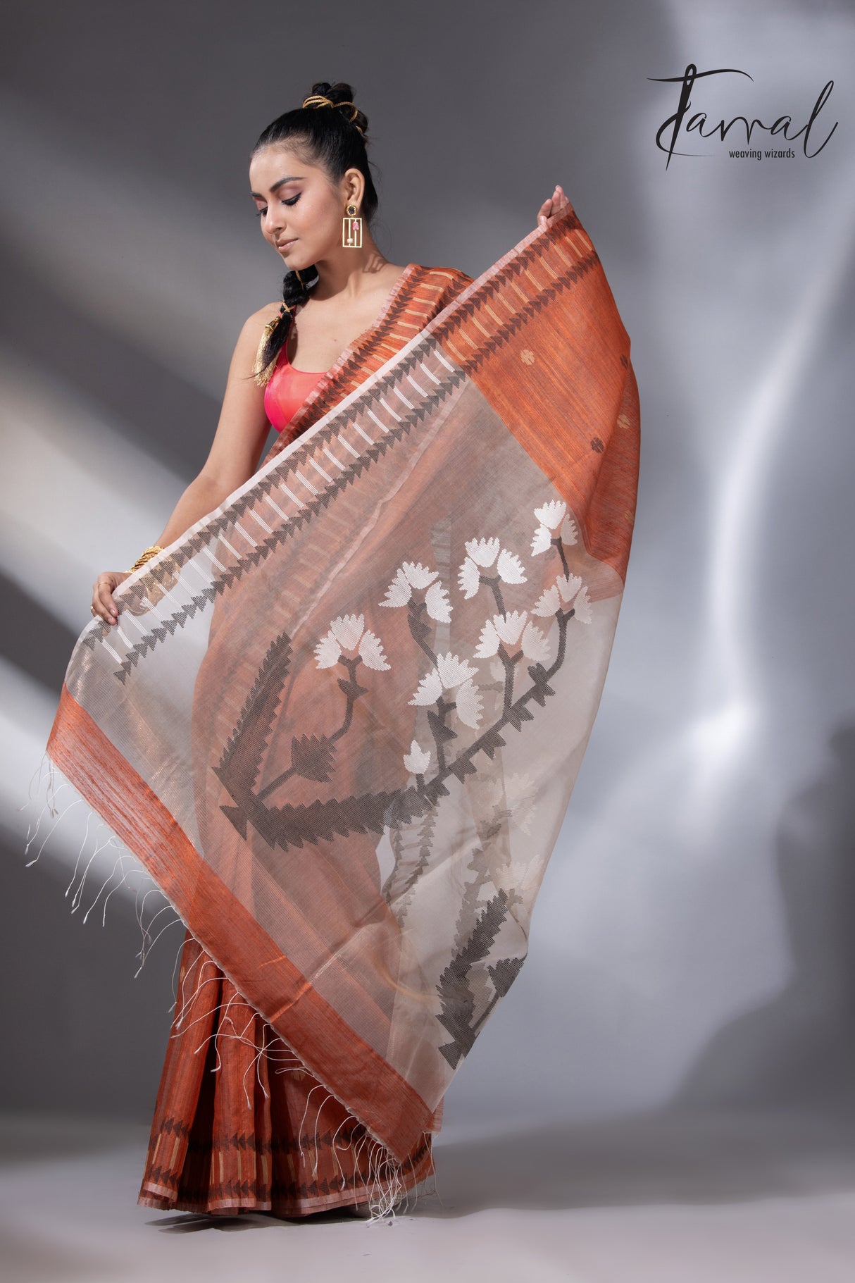 Deep orange with White & black colour kalka motifs matka silk handwoven jamdani saree