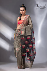 Greenish grey with gold lotus handwoven matka silk jamdani saree