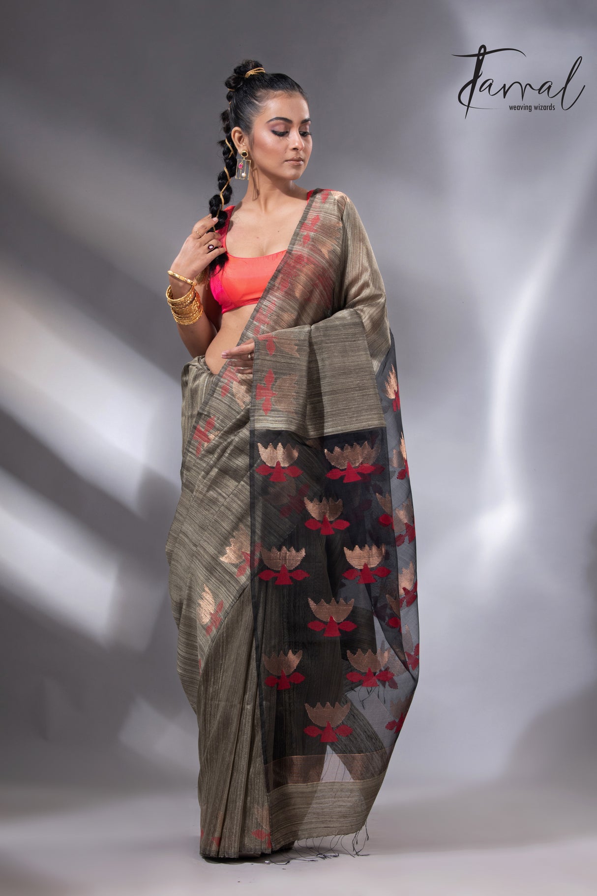 Greenish grey with gold lotus handwoven matka silk jamdani saree