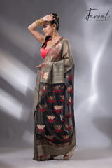 Greenish grey with gold lotus handwoven matka silk jamdani saree