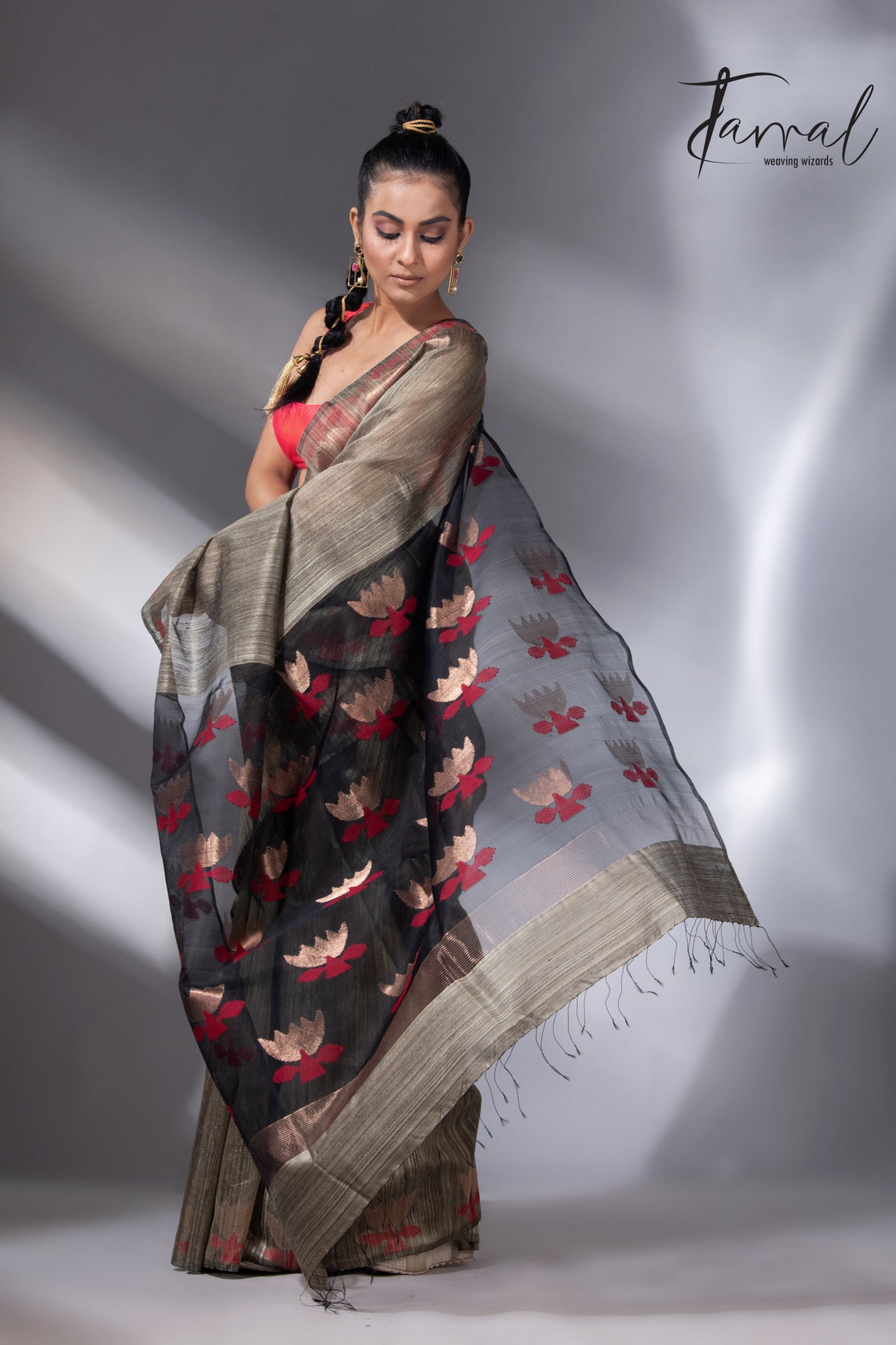 Greenish grey with gold lotus handwoven matka silk jamdani saree