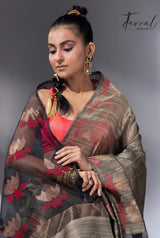 Greenish grey with gold lotus handwoven matka silk jamdani saree