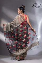 Greenish grey with gold lotus handwoven matka silk jamdani saree