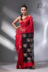 Red with black golden lotus matka silk handwoven jamdani saree