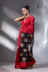 Red with black golden lotus matka silk handwoven jamdani saree