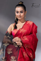 Red with black golden lotus matka silk handwoven jamdani saree