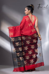 Red with black golden lotus matka silk handwoven jamdani saree