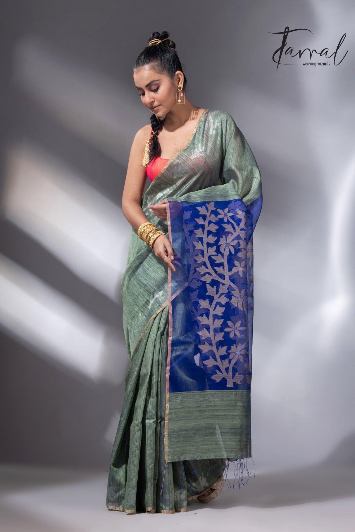 Light mosh green with blue dual tone matka silk floral handwoven jamdani saree