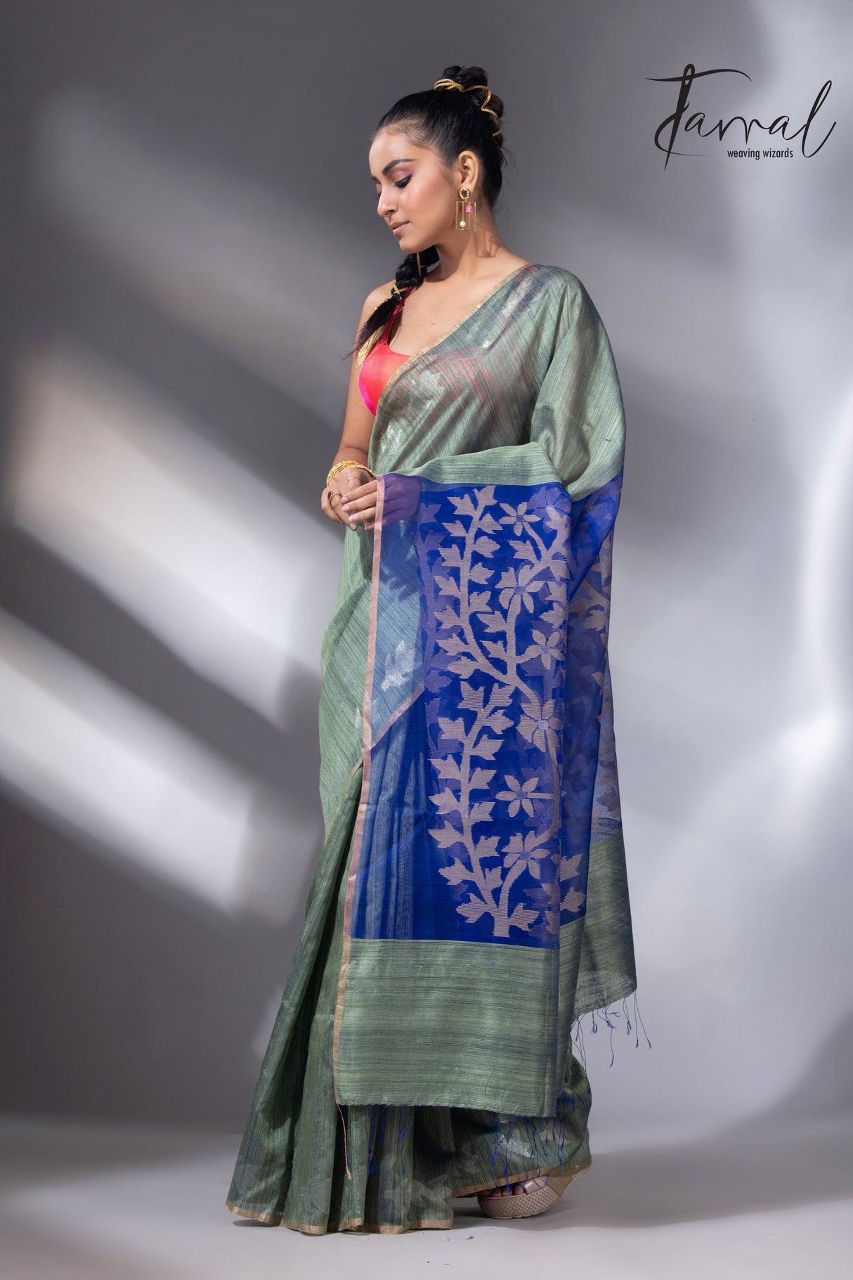 Light mosh green with blue dual tone matka silk floral handwoven jamdani saree