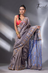 Blueish grey with blue pallu matka silk handwoven jamdani saree