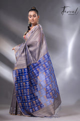 Blueish grey with blue pallu matka silk handwoven jamdani saree