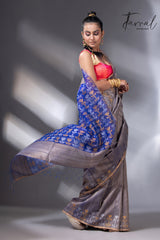 Blueish grey with blue pallu matka silk handwoven jamdani saree