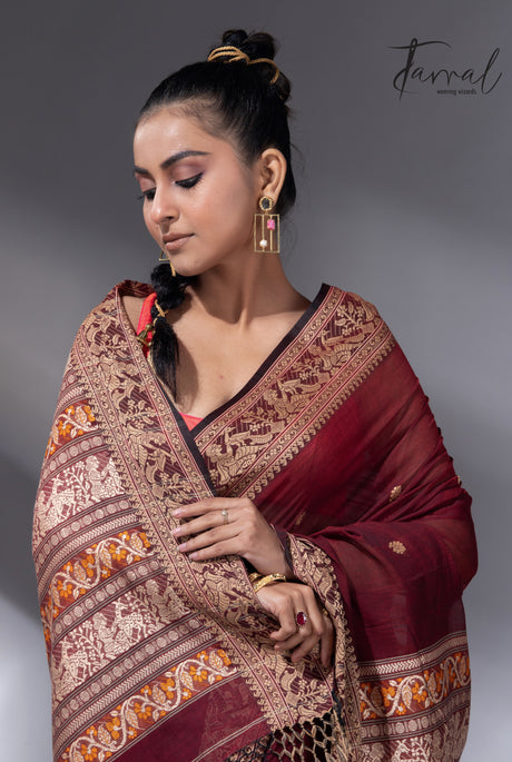 Maroon Colour baluchari Handwoven Jamdani saree