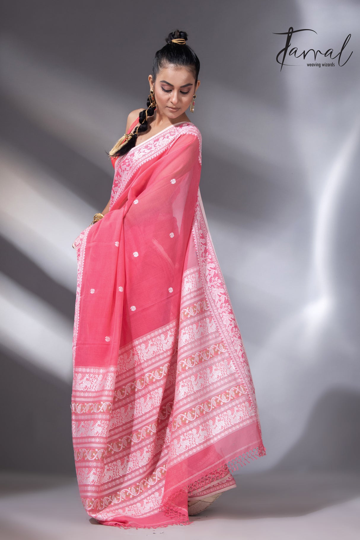 Pink Colour baluchari Handwoven Jamdani saree