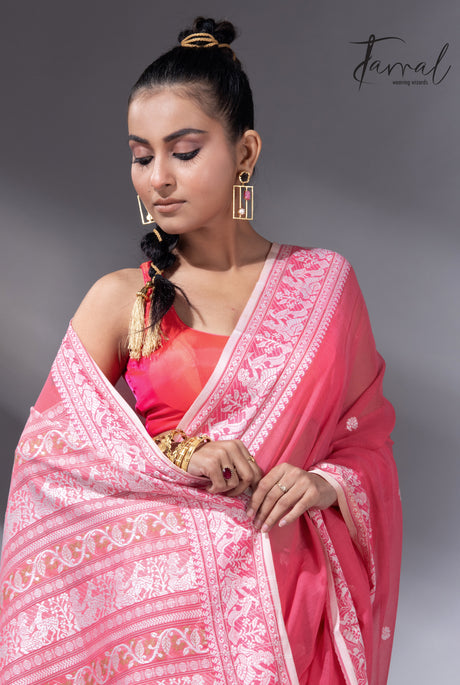 Pink Colour baluchari Handwoven Jamdani saree