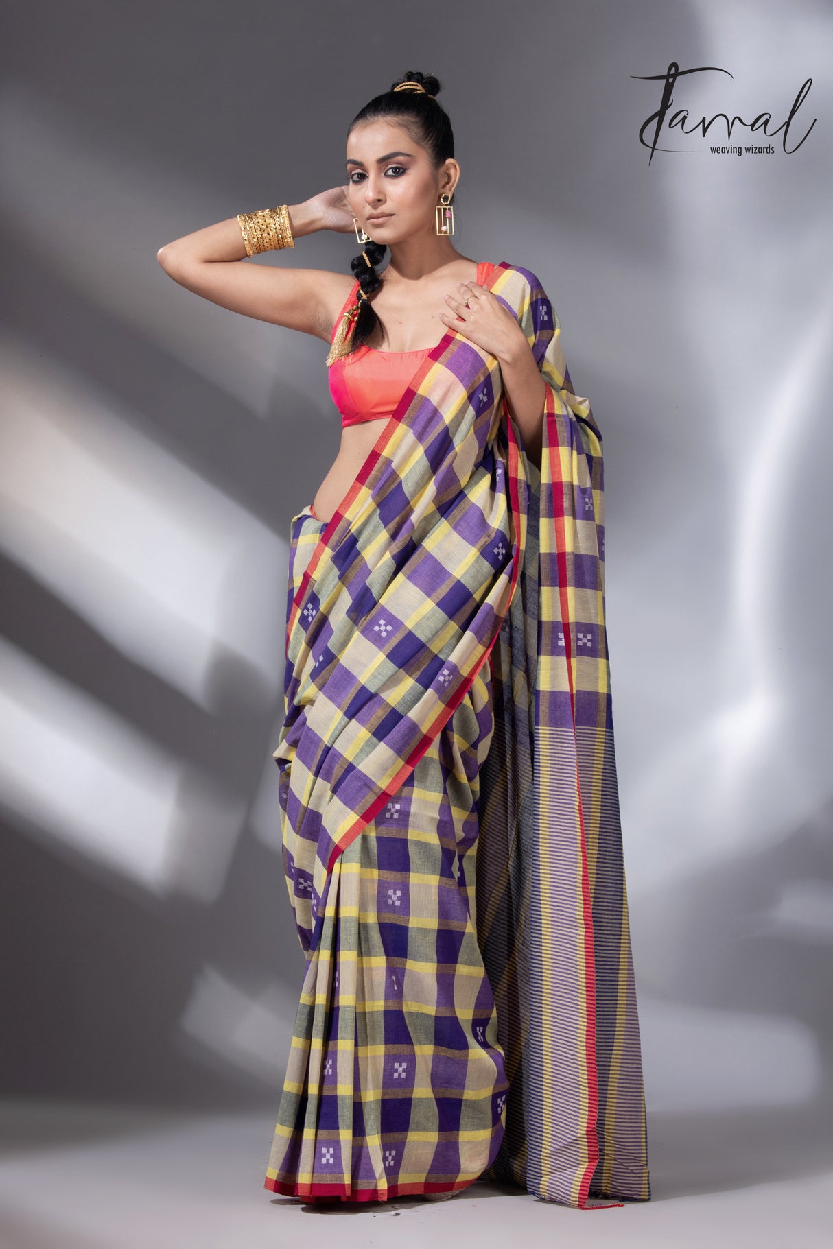 Purple with yellow and red border cotton handwoven jamdani check saree