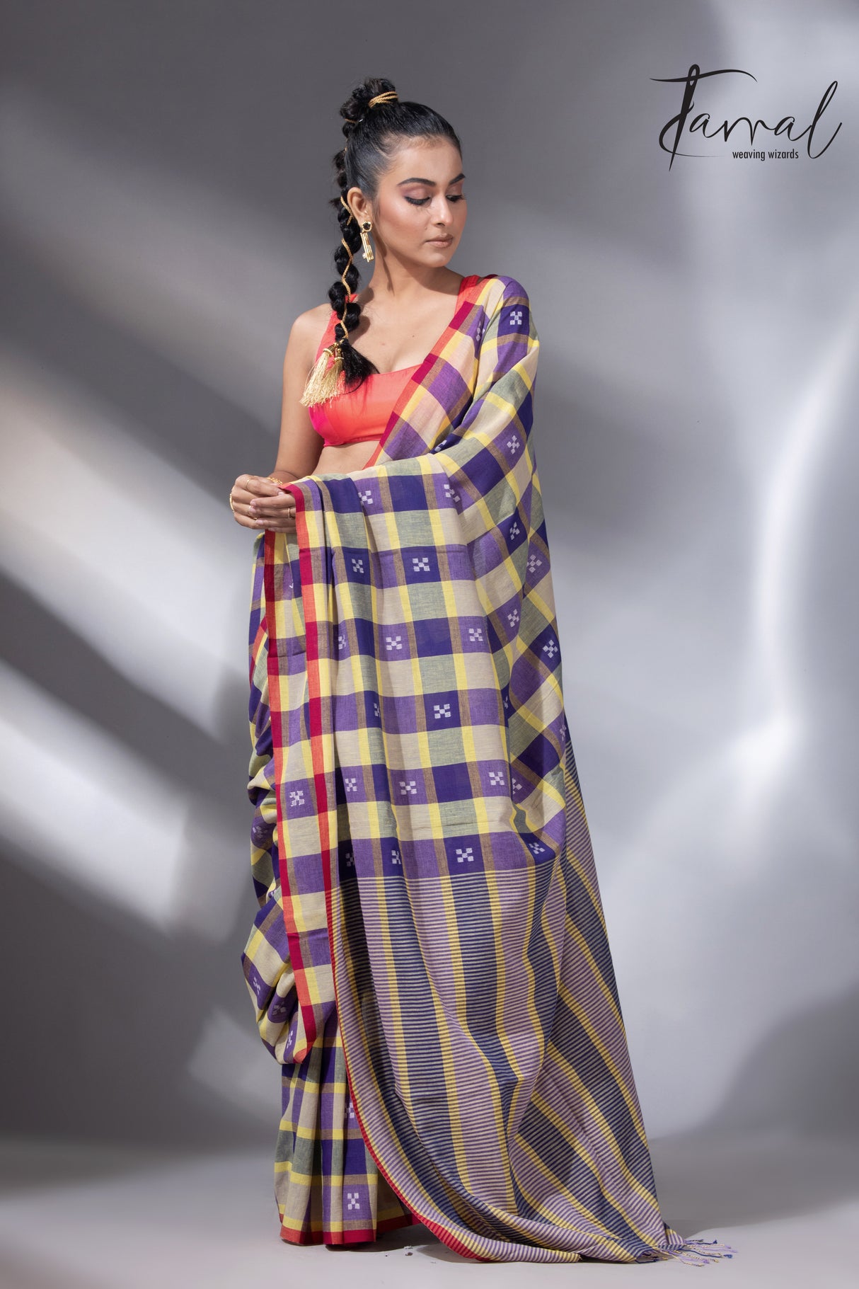 Purple with yellow and red border cotton handwoven jamdani check saree