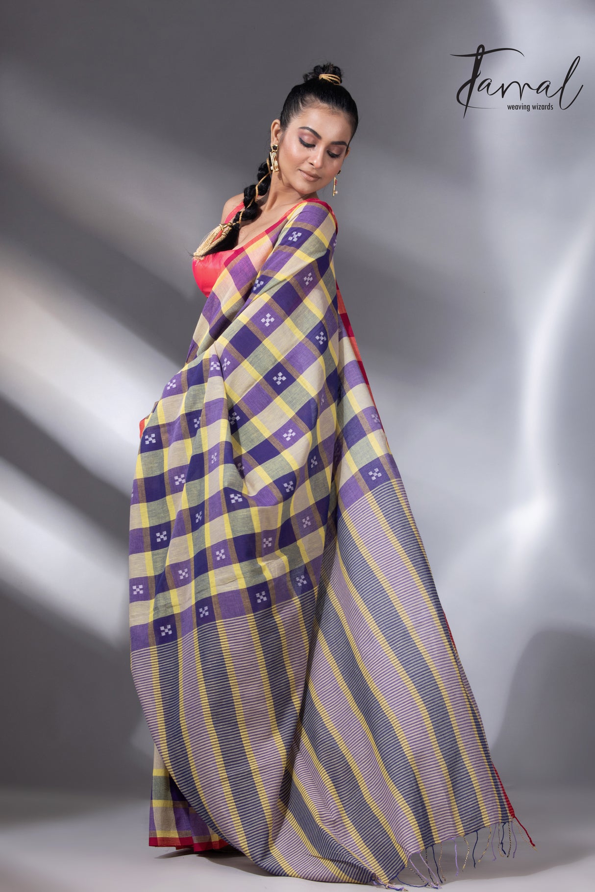 Purple with yellow and red border cotton handwoven jamdani check saree