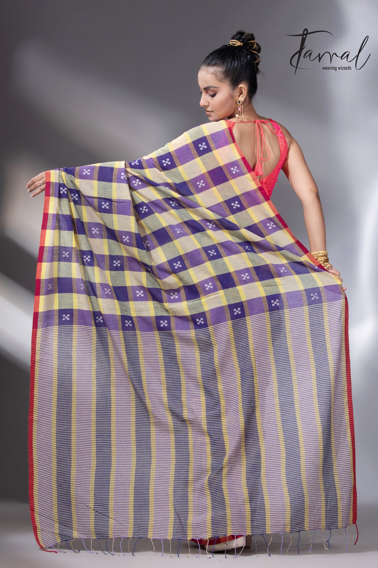 Purple with yellow and red border cotton handwoven jamdani check saree