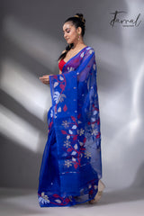 Deep Blue with red & golden floral border muslin silk handwoven jamdani saree