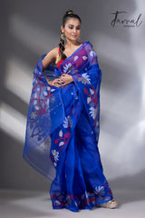 Deep Blue with red & golden floral border muslin silk handwoven jamdani saree